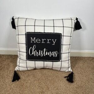 Merry Christmas Black and Cream Plaid Decorative Throw Pillow with Tassels 18x18